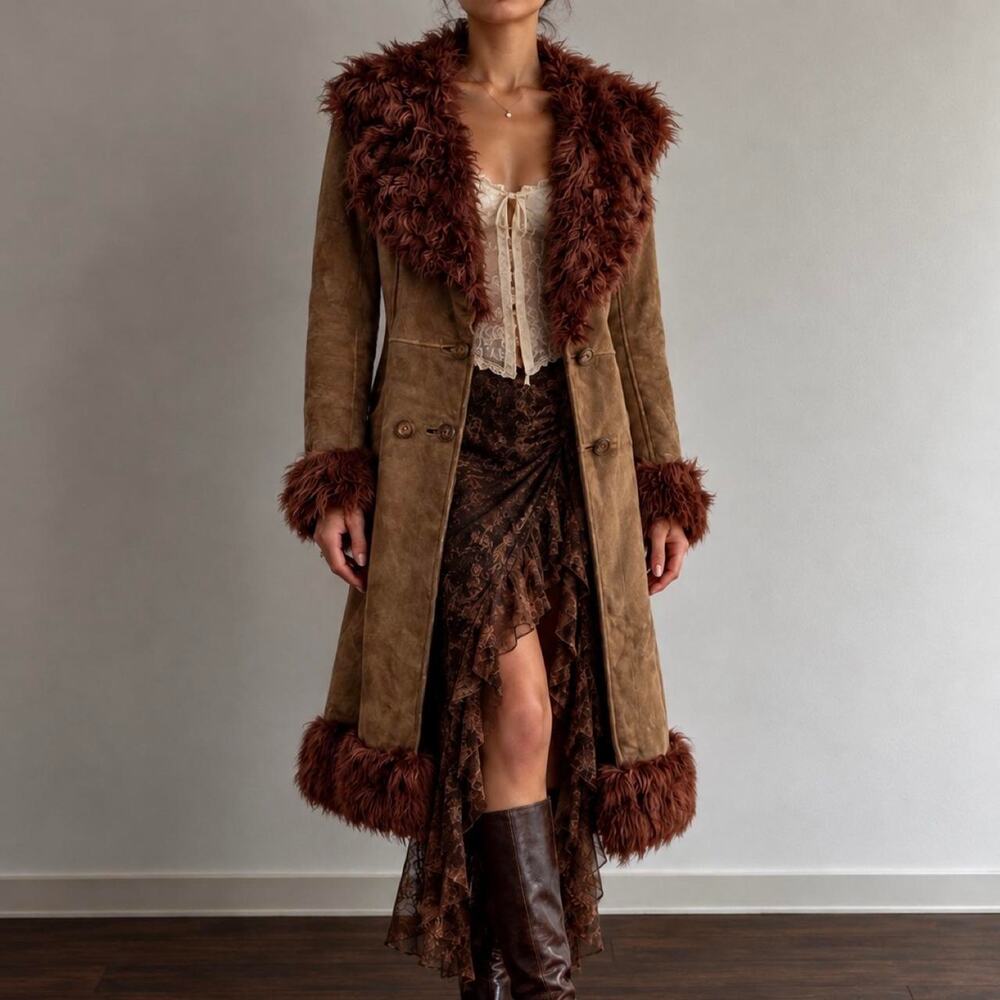 VTG 70s Olive & Brown Genuine Sheepskin & Fur Penny Lane Maxi Afghan Coat Sz S/M